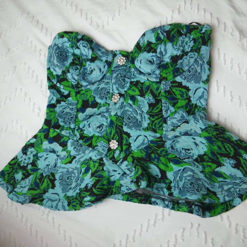 Zara Floral Ruffled Strapless Bustier Rhinestone Crop Top